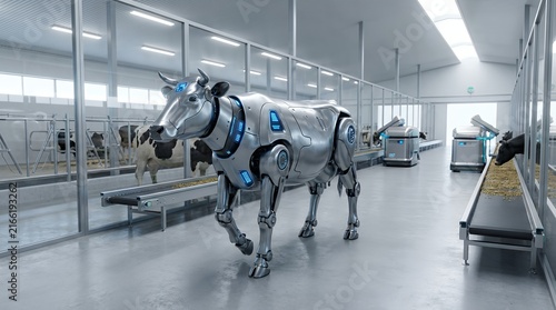 Futuristic robotic cow processing cattle in an automated modern farm facility