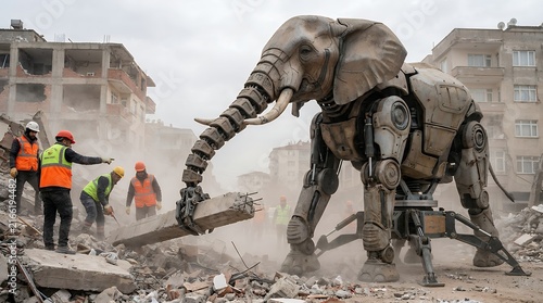 Giant Robot Elephant Demolishes Old Buildings during large scale construction project heavy machinery demolition scene