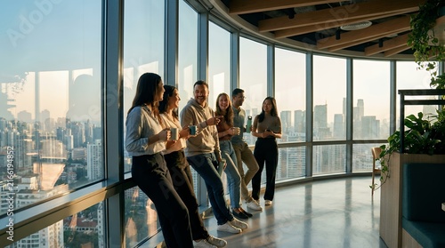 Group enjoying breathtaking city skyline view from modern high rise window during golden hour