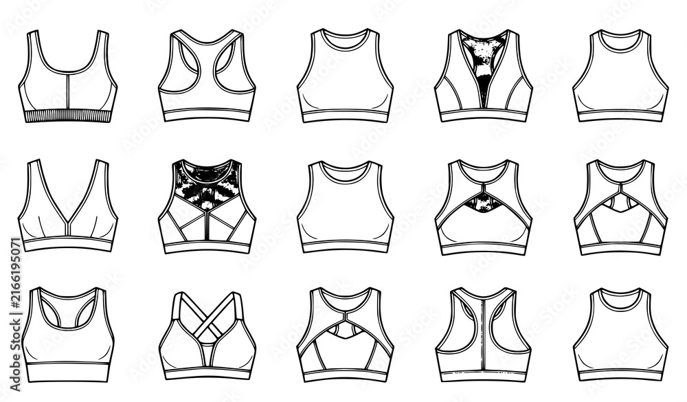 Fototapeta premium Women Sports Bra Activewear Fitness Apparel Black Outline Vector Set