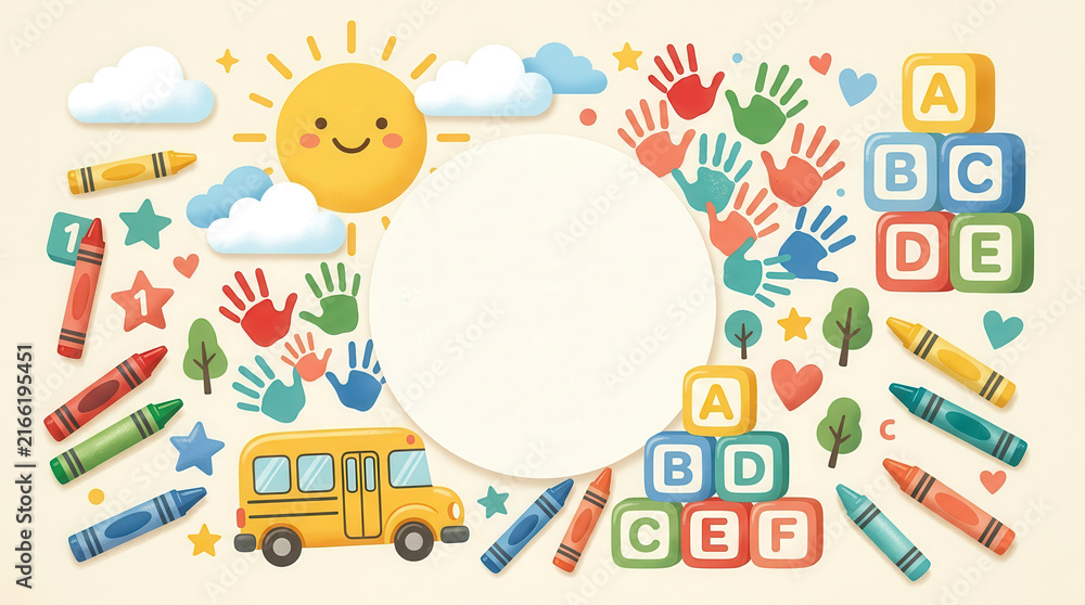 Fototapeta premium Cute educational background with school bus, alphabet blocks, crayons, and handprints for children