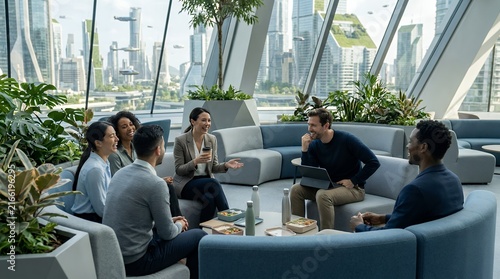 Luxury penthouse apartment living with stunning city skyline view and friends enjoying modern interior design