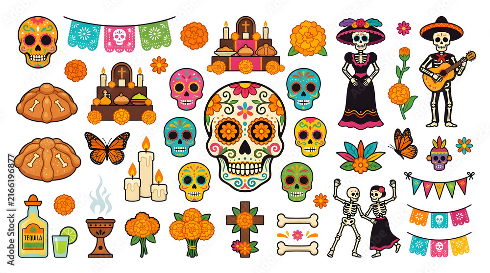 Fototapeta premium Day of the Dead Celebration Elements: A vibrant collection of traditional Day of the Dead imagery, including sugar skulls, marigolds, papel picado banners, and festive skeletons.
