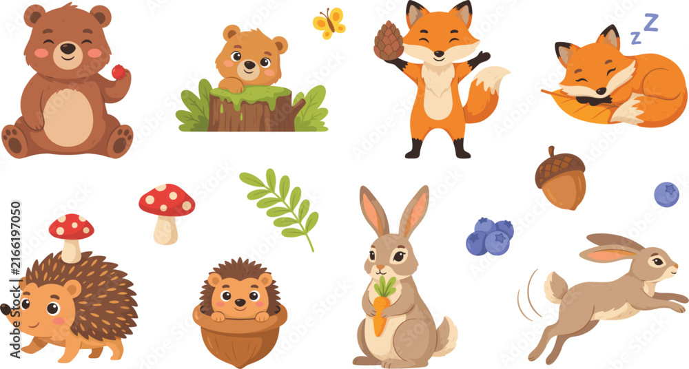 Naklejka premium Cute Forest and Woodland Animal Cartoon Character Vector Illustration Set Featuring Bears, Foxes, Rabbits, and Hedgehogs with Autumn Forest Elements for Kids Designs