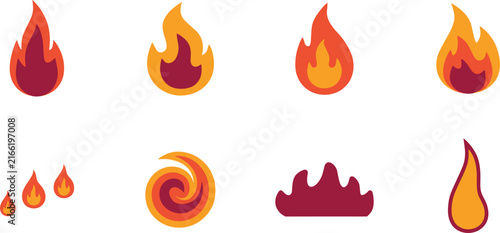 Red and Orange Fire Flame Vector Icon Set with Various Shapes Campfire Sparks Bonfire Spirals and Warning Hot Elements for Graphic and UI Designs