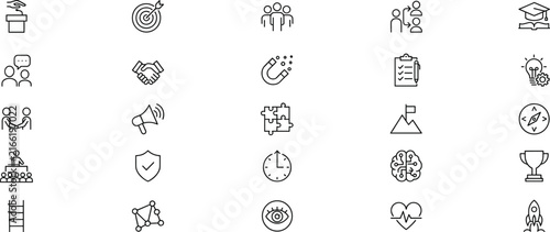 Business Mentorship and Corporate Leadership Development Line Icon Set Featuring Teamwork Strategy Goals Success and Career Growth Outline Symbols for UI Web Design