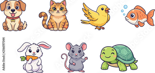 Cute Domestic Pet and Animal Cartoon Character Vector Illustration Set Featuring Dog Cat Bird Goldfish Rabbit Mouse and Turtle for Kids Graphic Designs