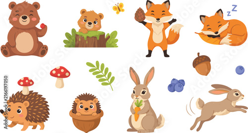 Cute Forest and Woodland Animal Cartoon Character Vector Illustration Set Featuring Bears, Foxes, Rabbits, and Hedgehogs with Autumn Forest Elements for Kids Designs