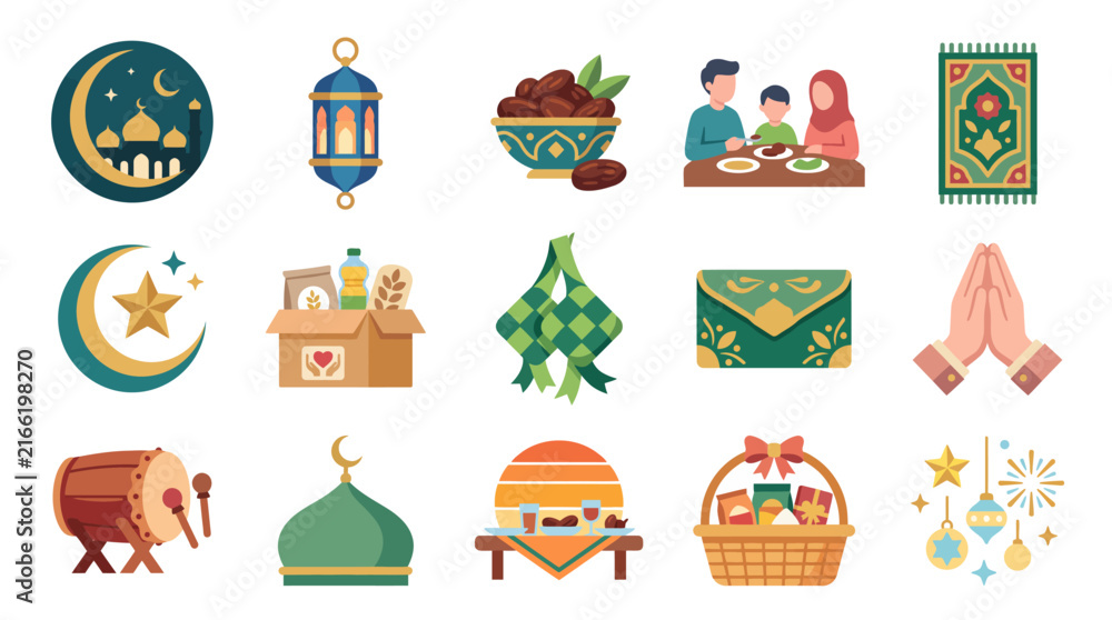 Fototapeta premium Set of flat vector icons representing traditional Ramadan and Eid Islamic holiday celebration elements.