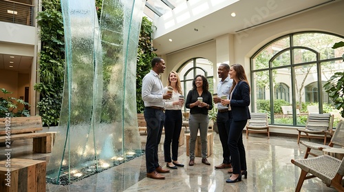 Modern Luxury Corporate Meeting in Bright Atrium with Water Feature and Indoor Garden Design