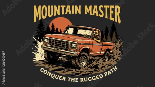 Bild auf Leinwand Vintage Retro 4x4 Pickup Truck Off-road Adventure Illustration with Bearded Driv
