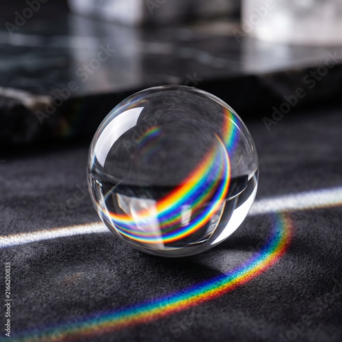 Crystal Sphere Refracting Rainbow Light Across Black Surface