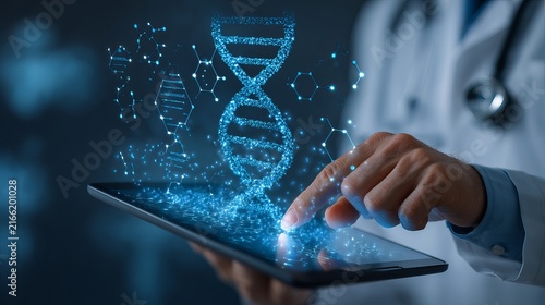 Doctor using digital tablet for patient medical records and dna healthcare technology