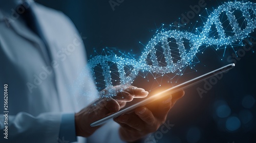 Doctor using digital tablet for patient medical records and dna healthcare technology