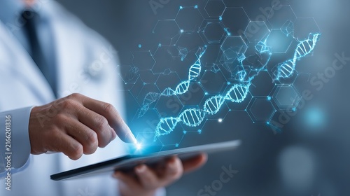Doctor using digital tablet for patient medical records and dna healthcare technology