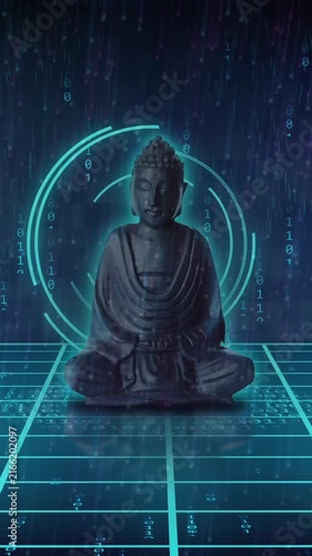 Animation of buddha with scope scanning and binary coding on black background