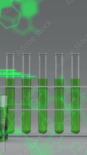Digital animation showcases chemical structures and data with lab imagery.