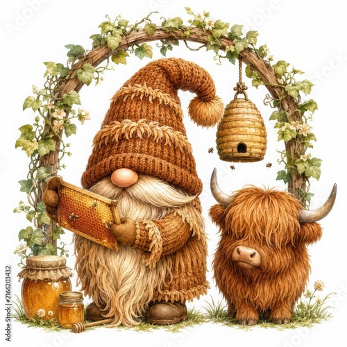 Whimsical Gnome with Highland Cow and Honey Jar