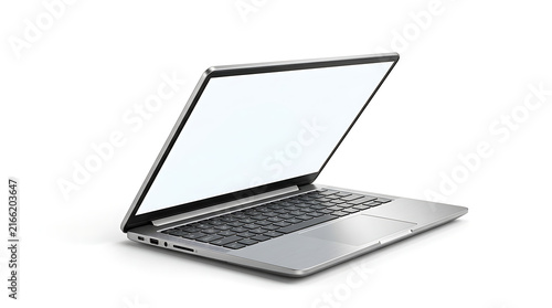 Silver laptop blank white screen isolated on white background, modern portable computer device for technology, business, work, education, communication and digital productivity tech