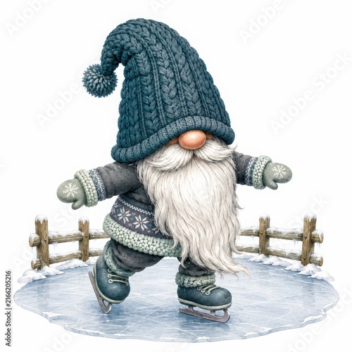 Whimsical Gnome Ice Skater on a Frozen Pond