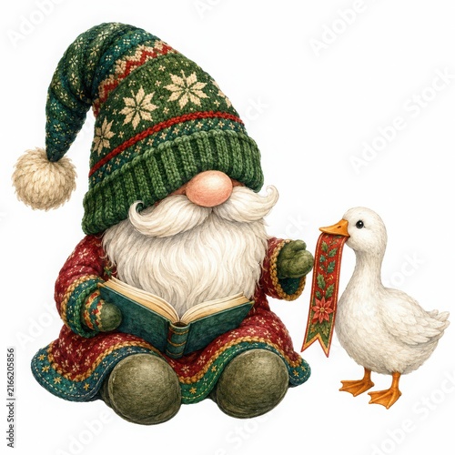 Whimsical Gnome Reading with Goose Companion
