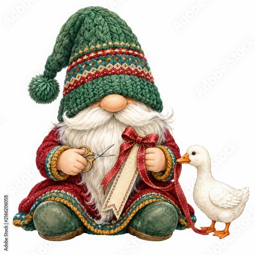 Whimsical Gnome with Scissors and Duck