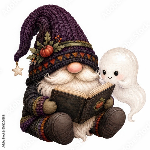 Whimsical Gnome Reading with a Friendly Ghost