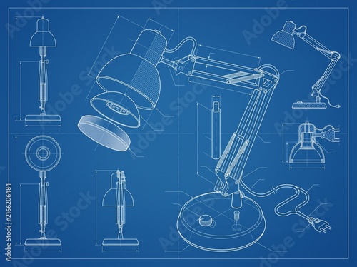 Technical blueprint illustration of a modern desk lamp with various views.
