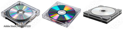 Fotografie Three different types of CD/DVD cases with discs inside, isolated on a white background