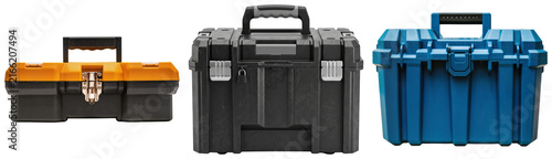 Three different colored toolboxes, orange and black, black, and blue, isolated on a white background