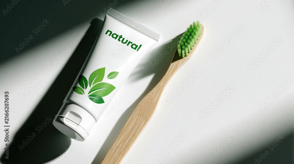 Fototapeta premium Tube of natural toothpaste and bamboo toothbrush sit on white background. Eco friendly dental care routine for clean fresh teeth and healthy gums.