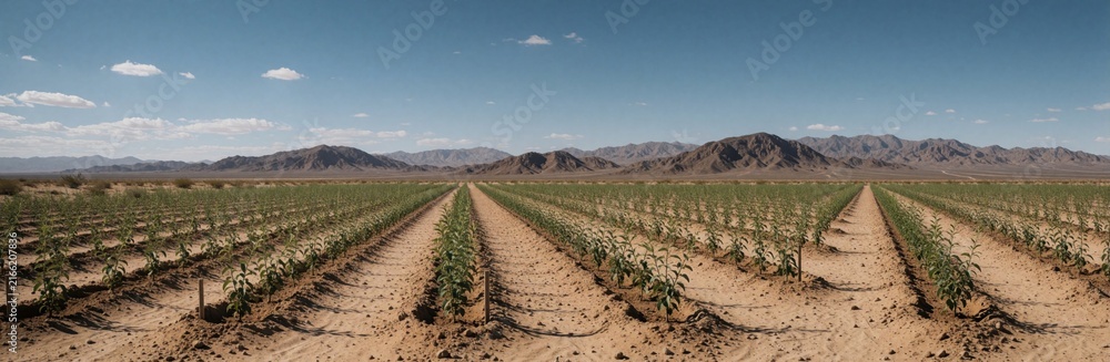 Fototapeta premium Young plants grow in neat rows on sandy soil under clear blue sky. Mountains form distant backdrop to this arid desert farming scene. Agriculture thrives in harsh conditions, showing new life, growth.