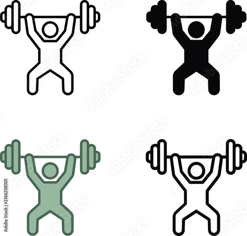 Set of weightlifting icons featuring a person lifting a barbell for gym and fitness training concepts