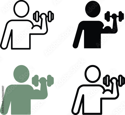 Set of Fitness Icons Showing a Man Lifting a Dumbbell for Weight Training, Bodybuilding and Muscle Strength Exercise