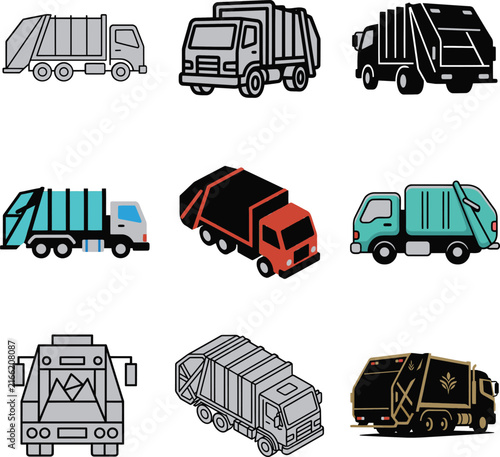 Collection of Garbage Truck Vector Illustrations Showing Various Angles and Designs for Waste Management and Recycling Concepts