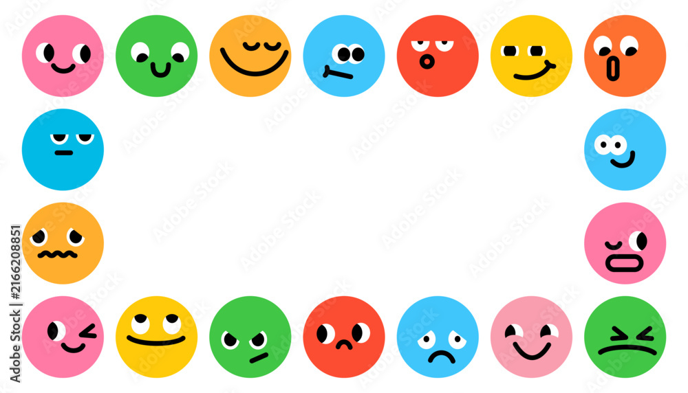Fototapeta premium Funny playful faces border. Frame with groovy funky characters