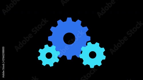 Three meshing gears rotating animation blue and cyan on transparent background 4K
