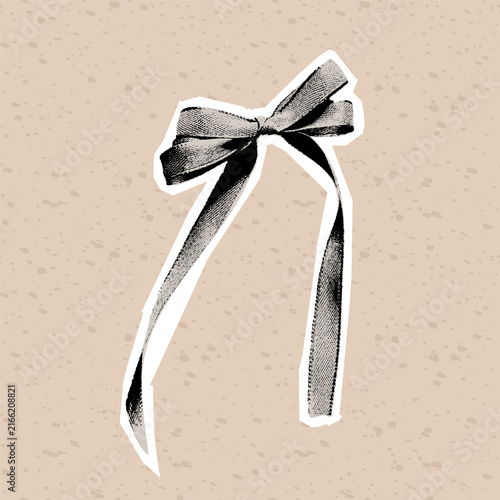 Ribbon halftone cutout sticker. Paper photocopy effect illustration for retro collage