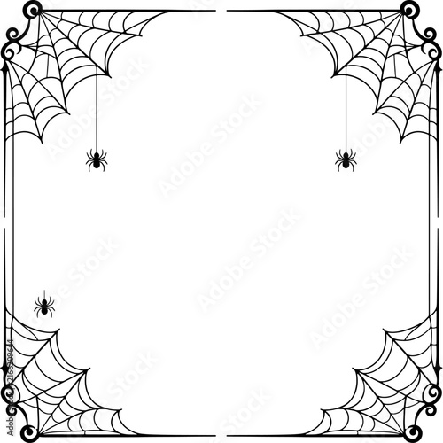 Gothic spider web frame, spooky Halloween corner borders with hanging spiders, black decorative cobweb vector for invitations