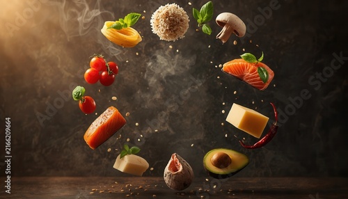 Culinary Harmony: An artistic arrangement of fresh ingredients, including pasta, salmon, avocado, cheese, tomato, mushroom, basil, and fig, float in a mystical circle against a dark.