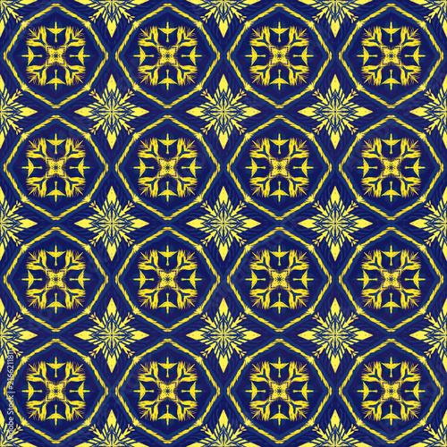Abstract gold ornament flower on ikat style create, line art textile seamless pattern background. Ethnic motif culture create on art deco.