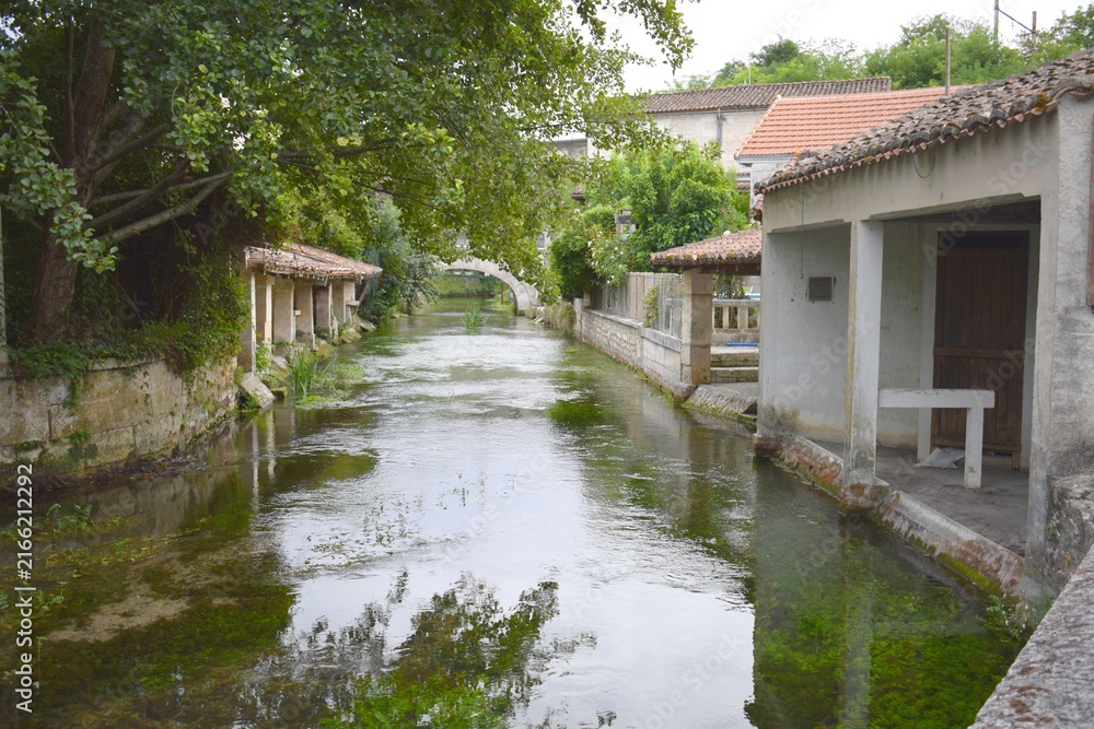 Fototapeta premium La rivière Boême à Mouthiers sur Boême, en Charente, Nouvelle Aquitaine, France. Elle coule entre les vieux lavoirs.