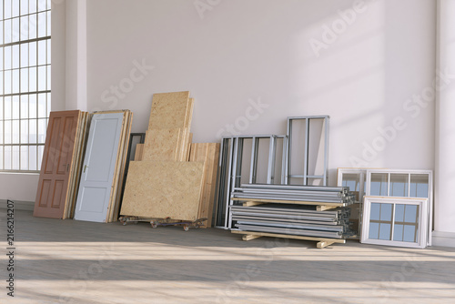 Reusable building components organized in renovated commercial space