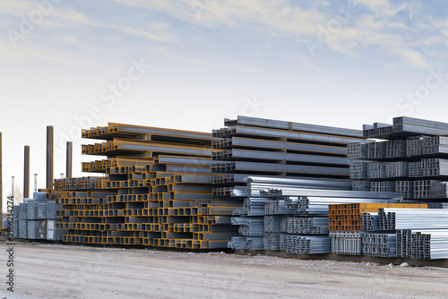 Sorted structural metal components at construction recovery yard