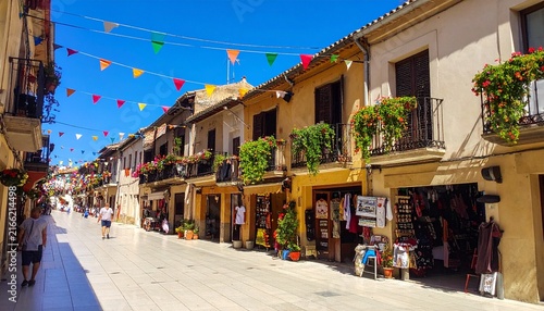 Pedestrian Shopping Street with Flags Illustration