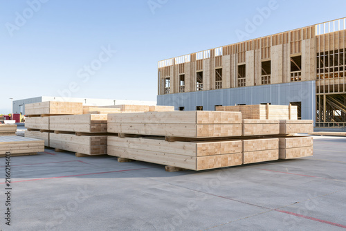 Prefabricated timber wall panels stored at construction site