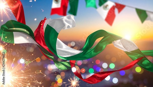 Mexican Flags with Fireworks and Mountain Background Illustration