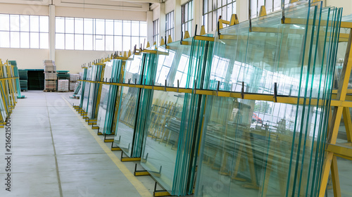 Recovered architectural glass panels stored in reuse warehouse