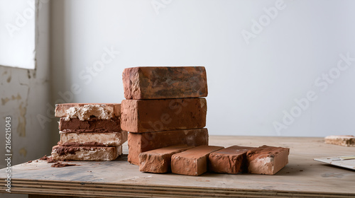Reclaimed brick salvage workspace with old mortar and copy space