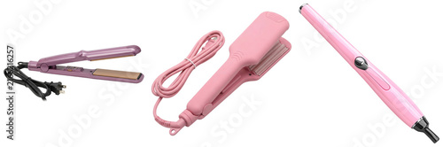 Photography Three different hair styling tools: a purple hair straightener, a pink crimper, and a pink curling wand, isolated on a white background